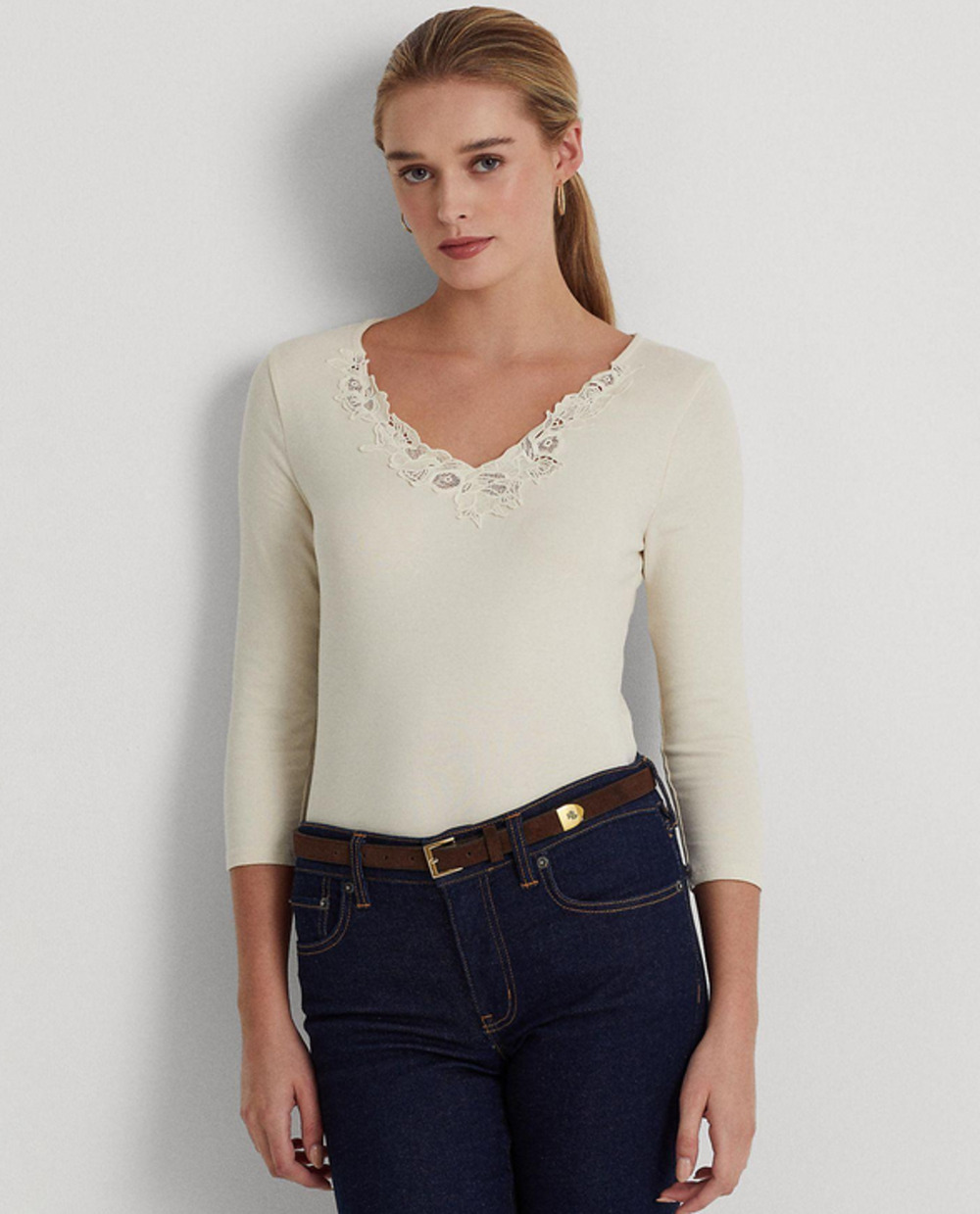 Lauren Ralph Lauren Lace-Trim Stretch Cotton Top Winter Cream Size 2XL